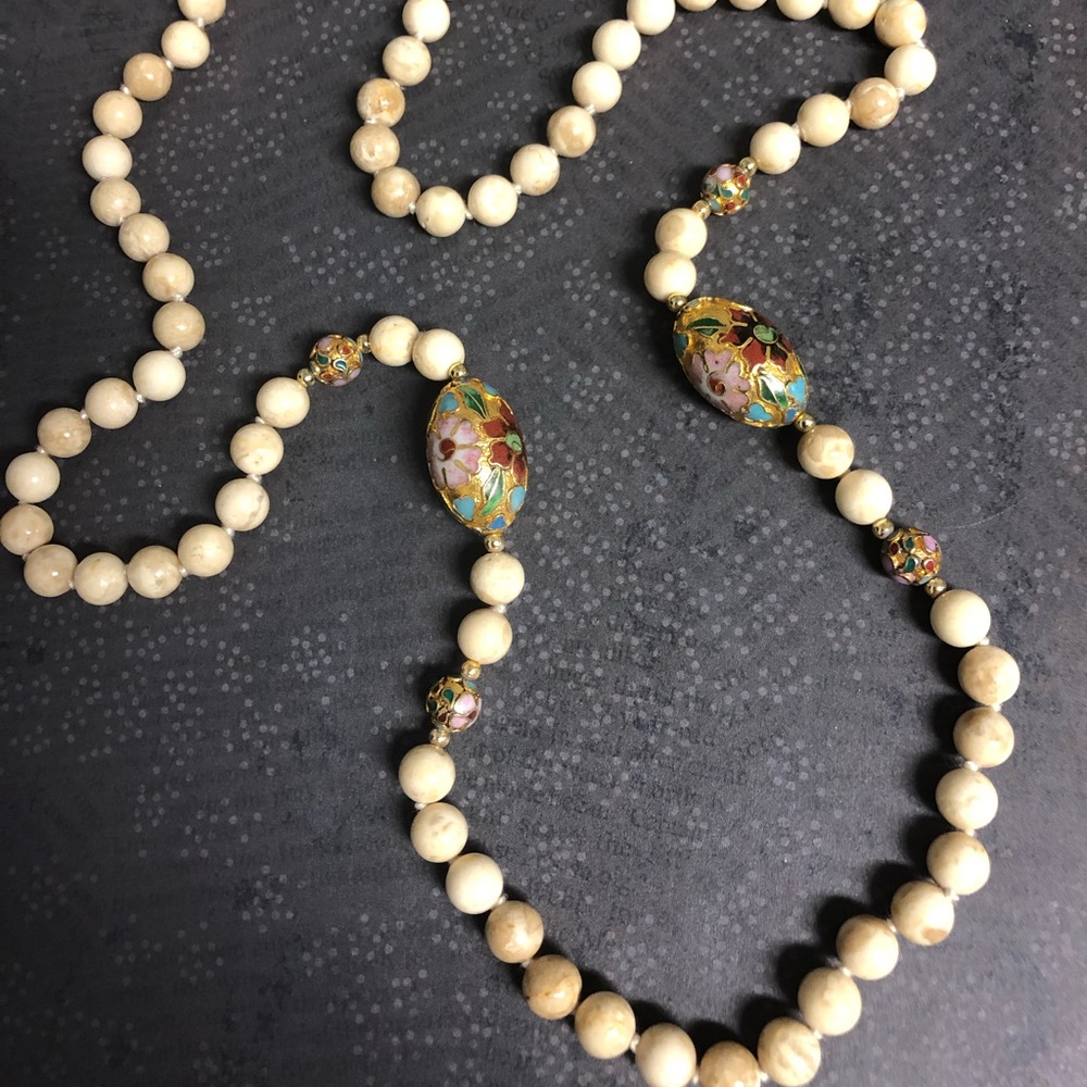 Vintage Natural Stone & Cloisonné Beaded Necklace